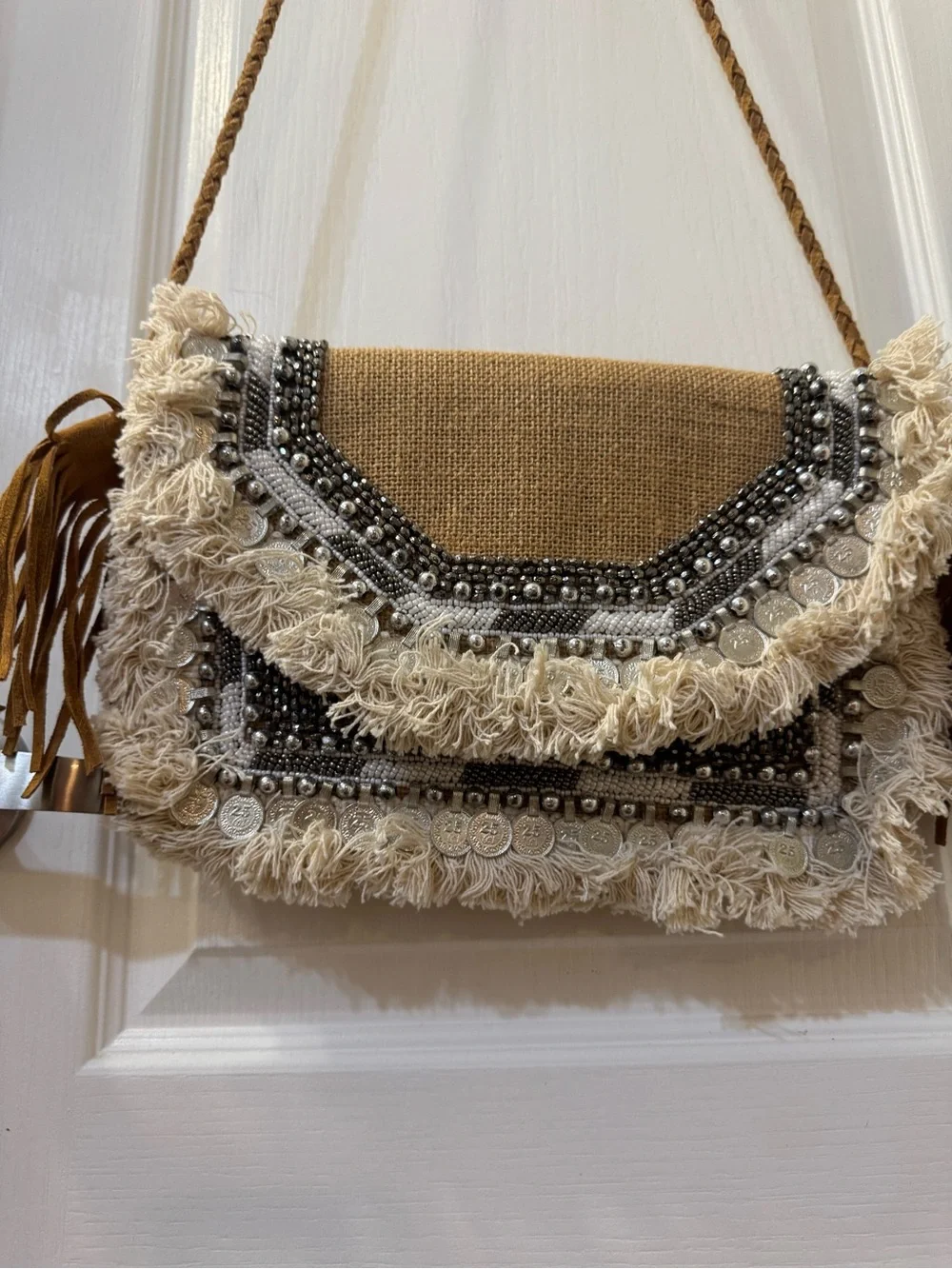 Boho Fringe Beige Crossbody Bag with Coin & Bead Detail